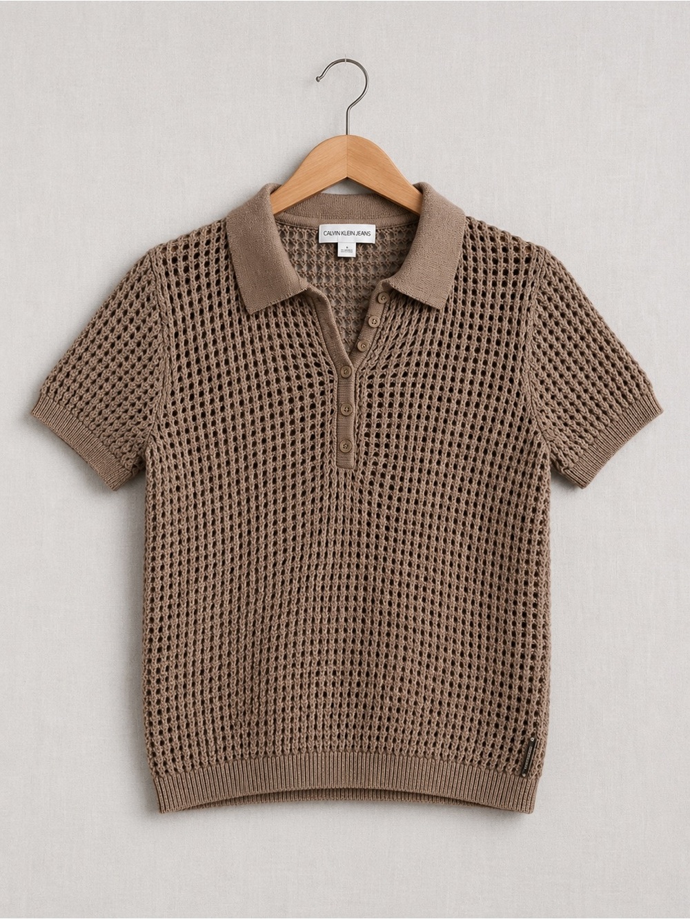 Calvin Klein Jeans Taupe Open-Stitch Crochet Polo